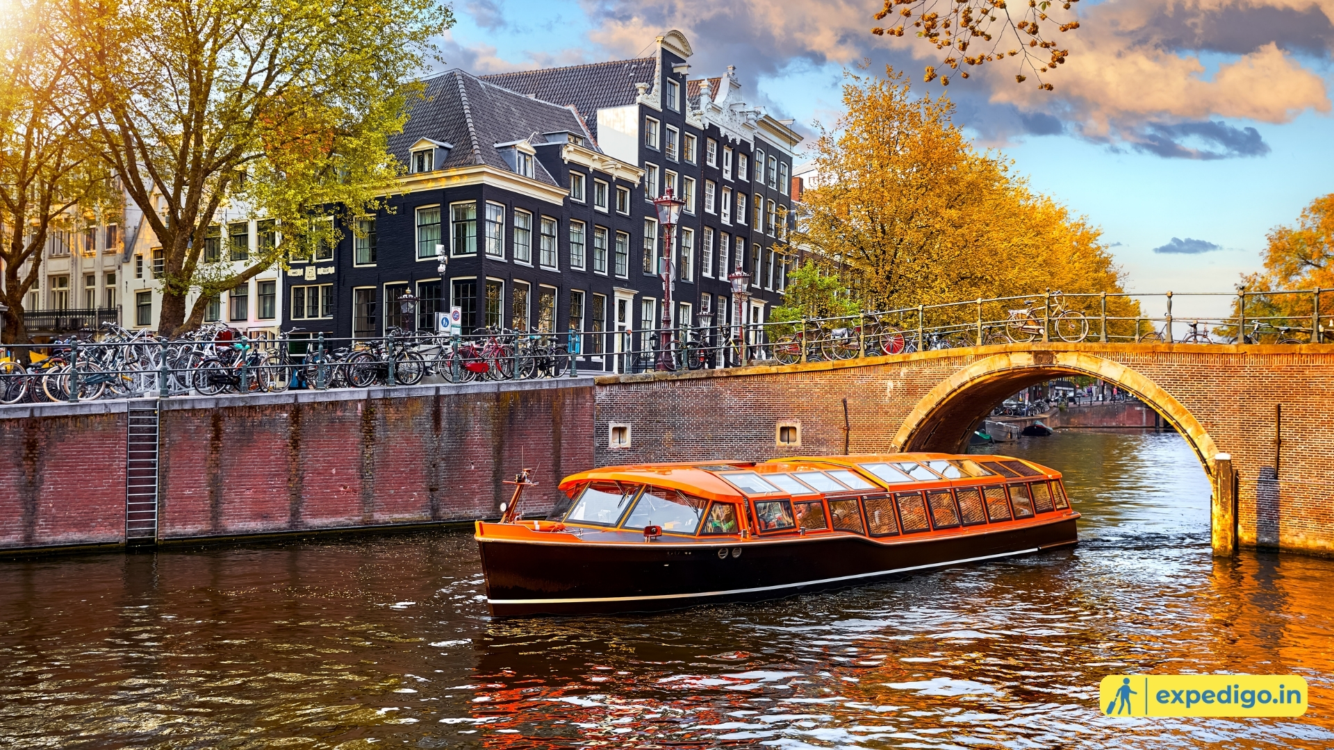Historic canal houses and bridges in Amsterdam, Netherlands, during a multi-country European vacation.