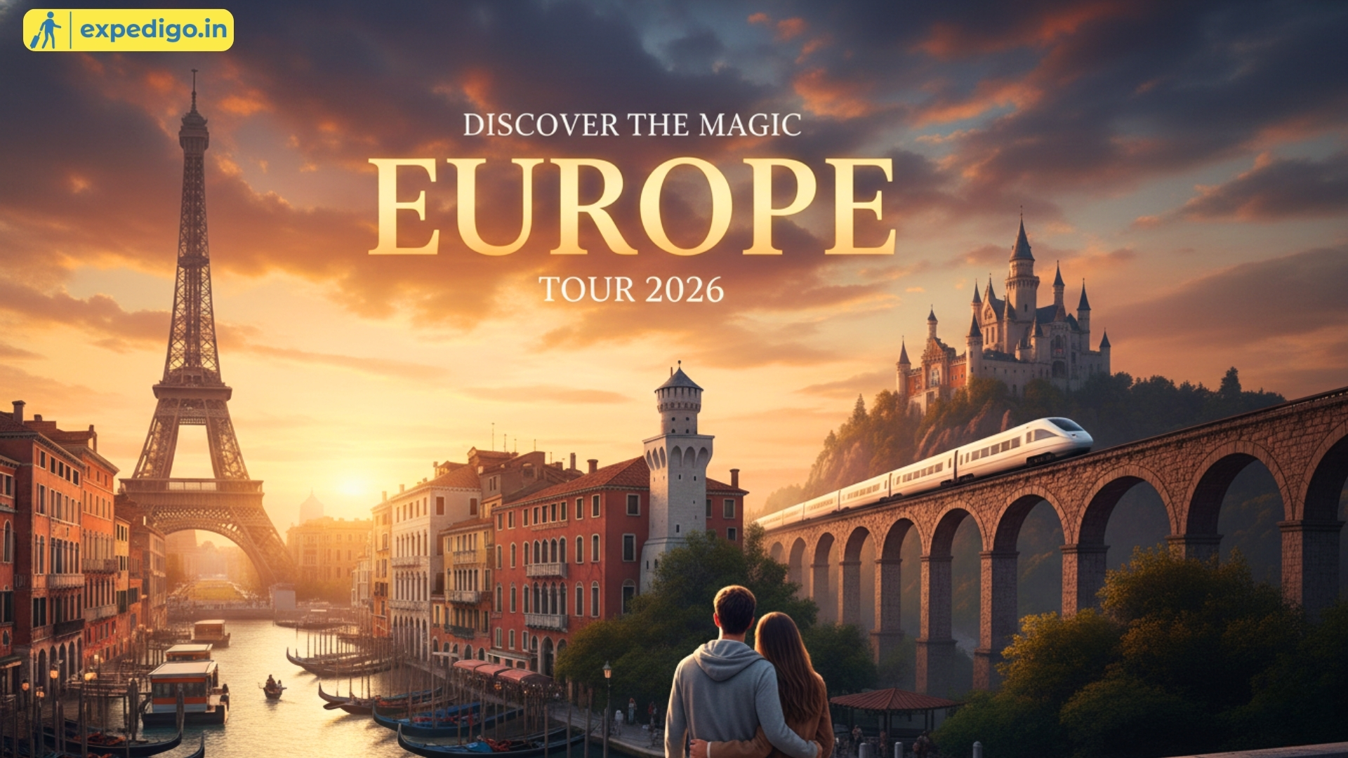 A scenic view of the Eiffel Tower and European landmarks for a 10-day Europe tour package 2026.